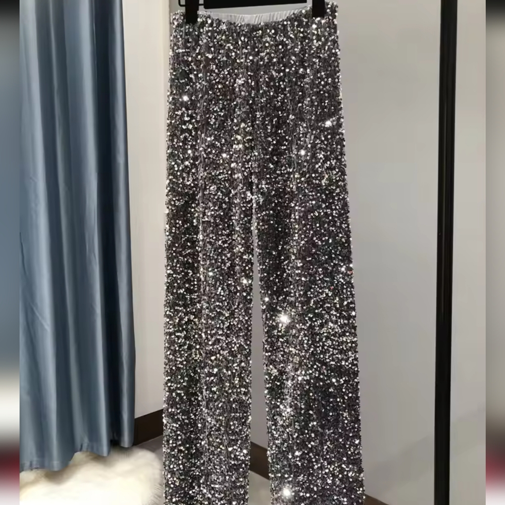 Women's Fashion Trendy Sparkling Gold Pants Relaxation of Tall Waist Wide-legged - Picture 6 of 6